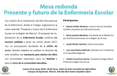 Mesa Redonda. “Presente Y Futuro De La Enfermería Escolar En La Región De Murcia” (10 Mayo 2018).