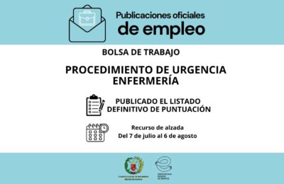 Publicado el listado definitivo de puntuación de la Bolsa de Trabajo por procedimiento de urgencia de Enfermería del SMS